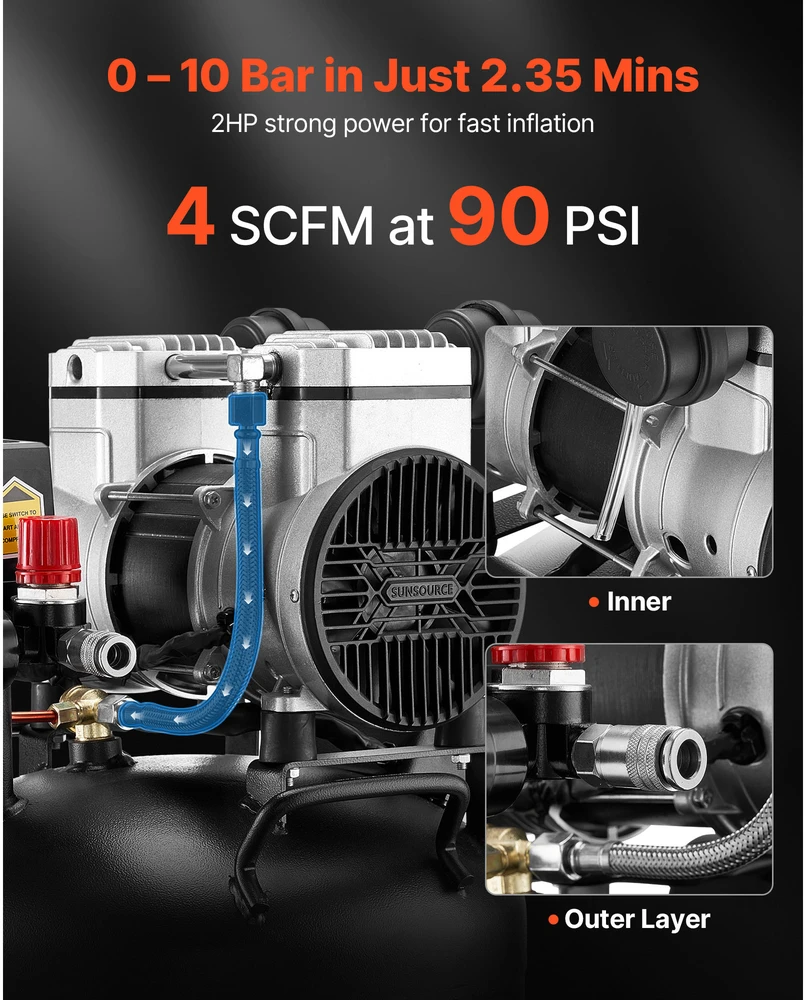 VEVOR 30L oro kompresorius, bealyvis vertikalus kompresorius automobilių remontui ir dažymui, 1.5KW variklis, 10 Bar maksimalus slėgis, suspausto oro talpa, pneumatinis siurblys