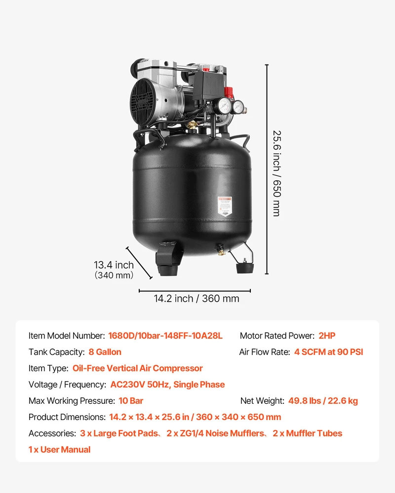 VEVOR 30L oro kompresorius, bealyvis vertikalus kompresorius automobilių remontui ir dažymui, 1.5KW variklis, 10 Bar maksimalus slėgis, suspausto oro talpa, pneumatinis siurblys