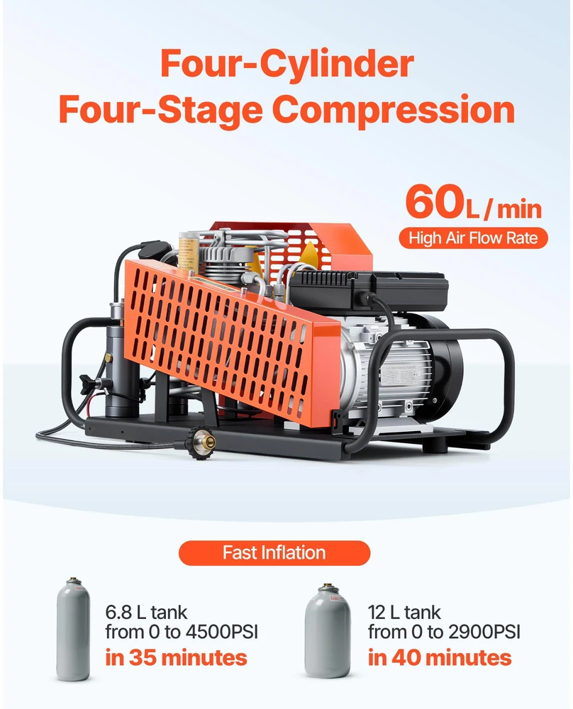 VEVOR PCP oro kompresorius 4500PSI su keturiais cilindrais