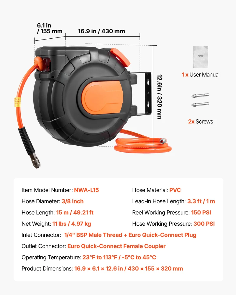 VEVOR Ištraukiama oro žarnos ritė, 15 m, 300 PSI