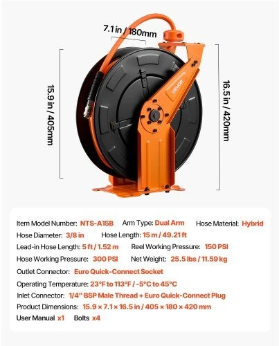 VEVOR Ištraukiamas oro žarnos būgnas 15m 300 PSI