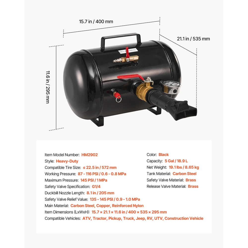 VEVOR Oro padangų sėkimo įrankis, 18.9 L, 87-116 PSI