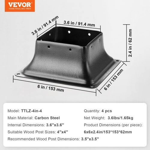 VEVOR Plieninis stulpų laikiklis 4 vnt. 101.6x101.6 mm