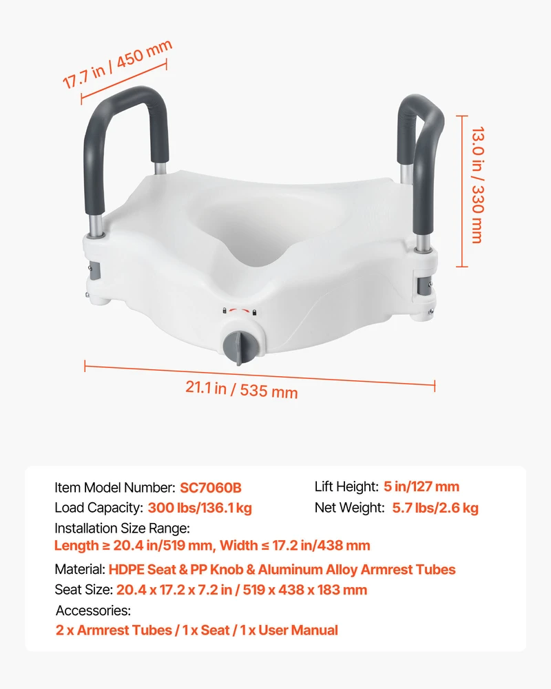 VEVOR Tualeto paaukštinimas su atramomis, 136 kg apkrova