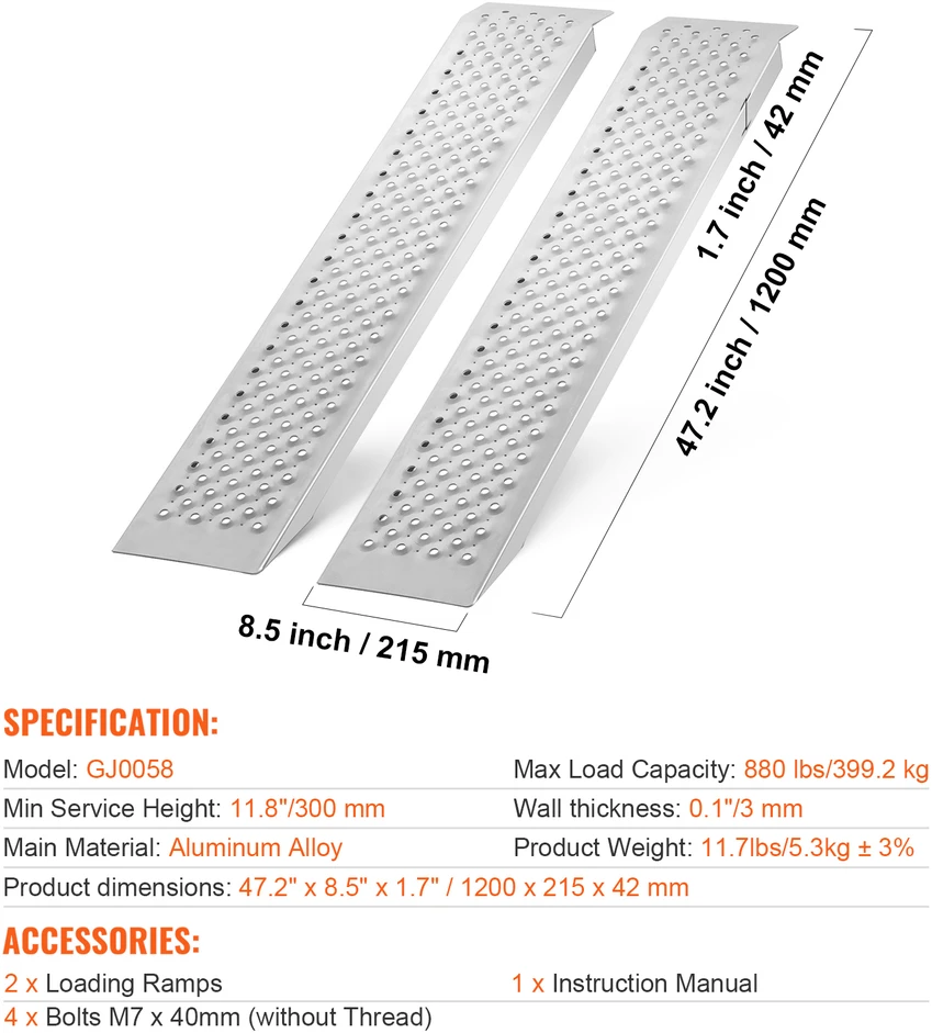 VEVOR 47,2 x 8,5 cm aliuminio rampai 399 kg