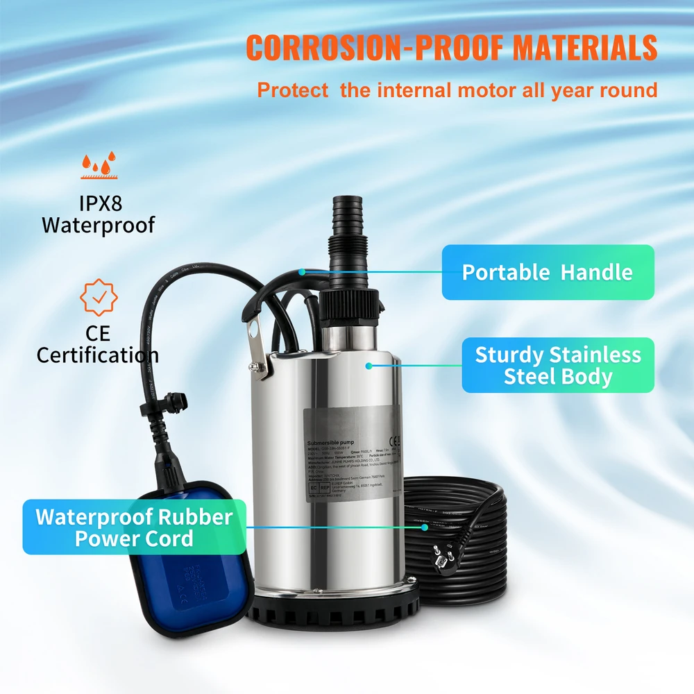 VEVOR Panardinamas vandens siurblys 550W, 9500 L/val.