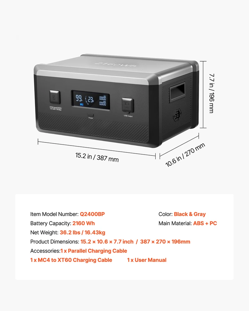 VEVOR Papildoma nešiojama elektrinė baterija, 2160Wh