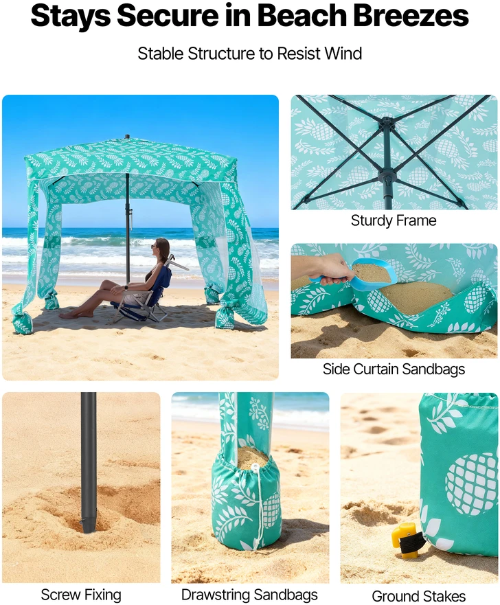VEVOR Paplūdimio pavėsinė su šonine sienele, 1.83 x 1.83 m