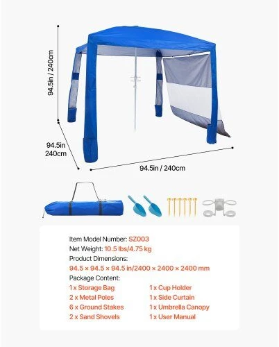 VEVOR Paplūdimio pavėsinė su šonine siena, 2.4 x 2.4 m