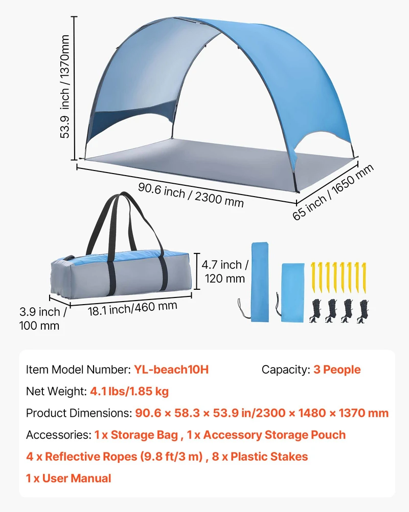 VEVOR Paplūdimio palapinė nuo saulės 3 asmenims