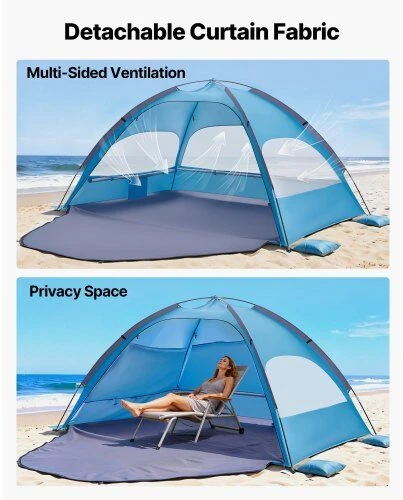 VEVOR Paplūdimio palapinė ir užuovėja nuo saulės 4 asmenims, 270 x 168 x 150 cm, UPF 50+ apsauga