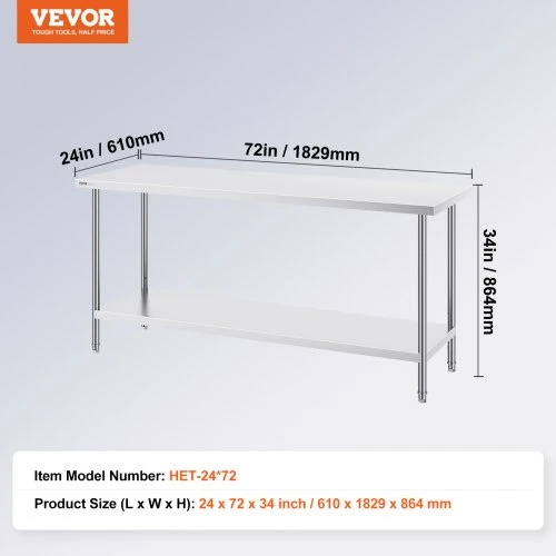 VEVOR Nerūdijančio plieno darbastalis 61x182x86 cm