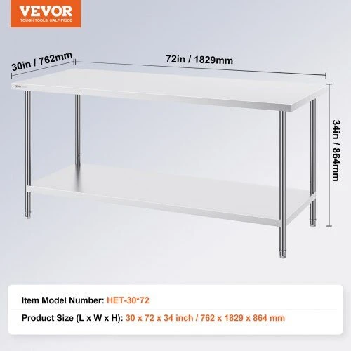 VEVOR Nerūdijančio plieno paruošiamasis stalas 76x183x86 cm
