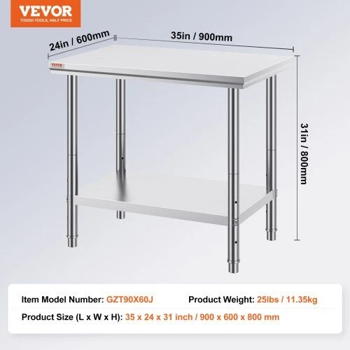 VEVOR Nerūdijančio plieno darbastalis 60x90x80 cm