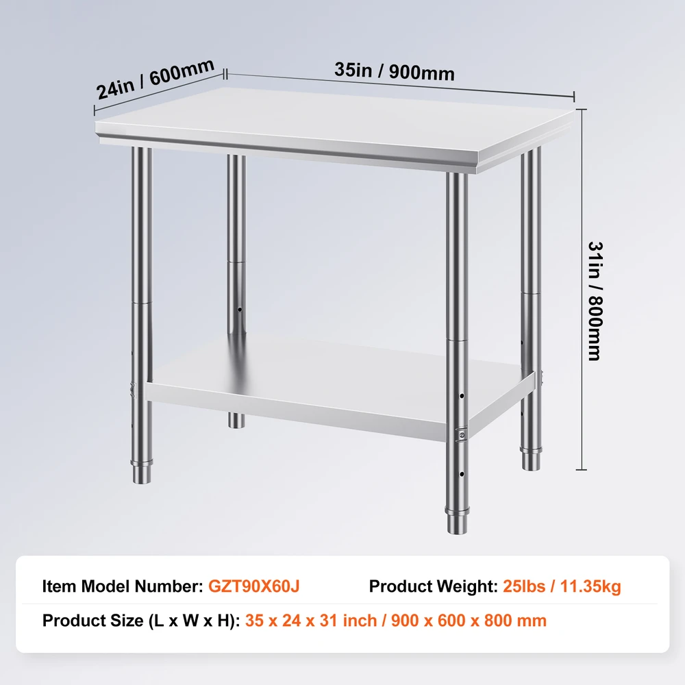 VEVOR Nerūdijančio plieno darbastalis 60x90x80 cm