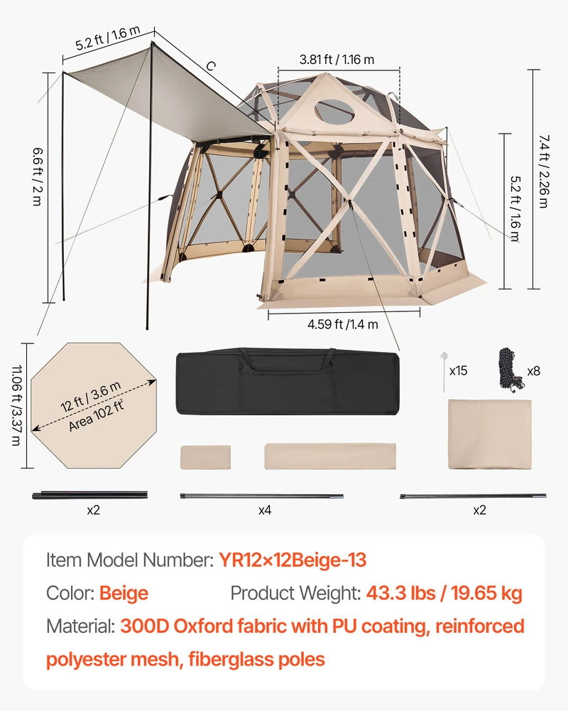 VEVOR Išskleidžiama pavėsinė 3.6x3.6 m, sferinė