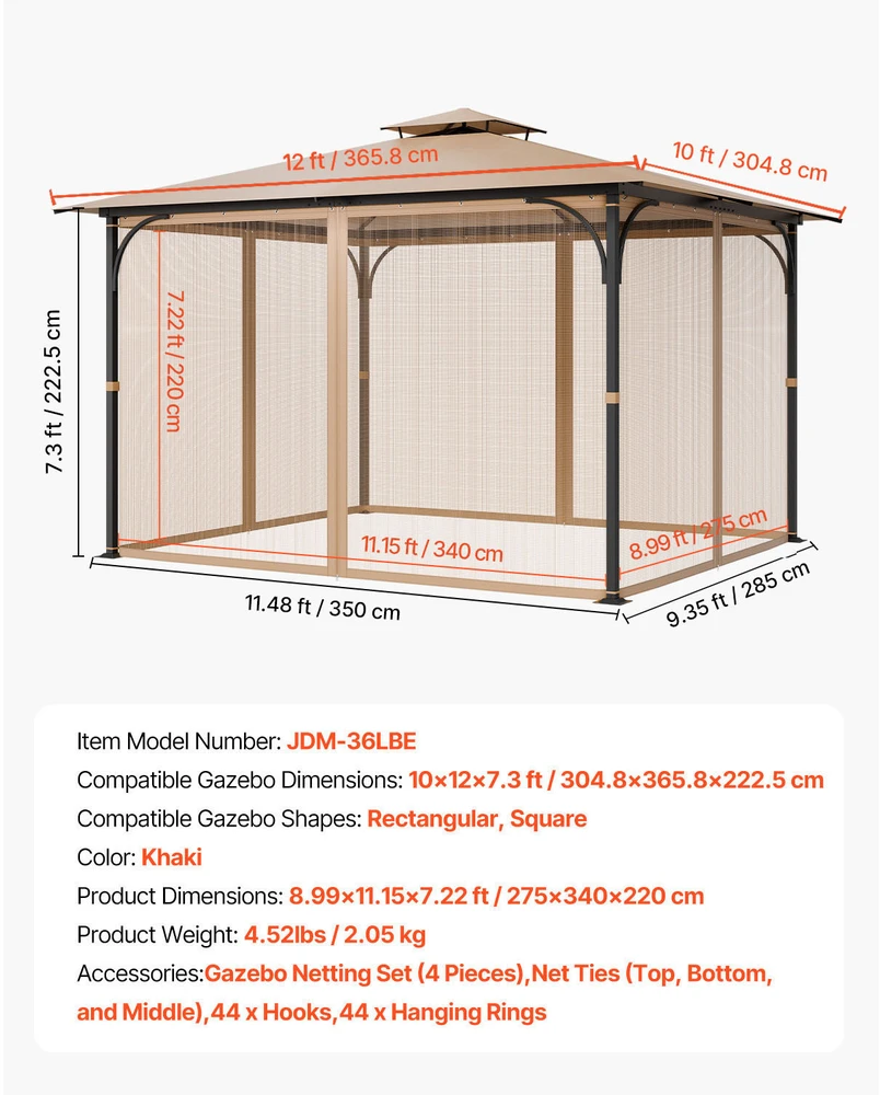 VEVOR Pakeičiamas tinklinis pavėsinės tinklelis 10x12x7.3 m
