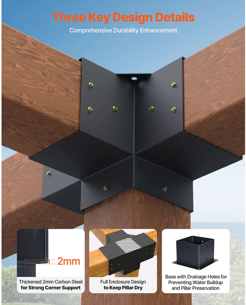 VEVOR Pergolos laikiklių rinkinys 152,4 x 152,4 mm, 4 krypčių tvirtas kampinis laikiklis, stulpo pagrindas