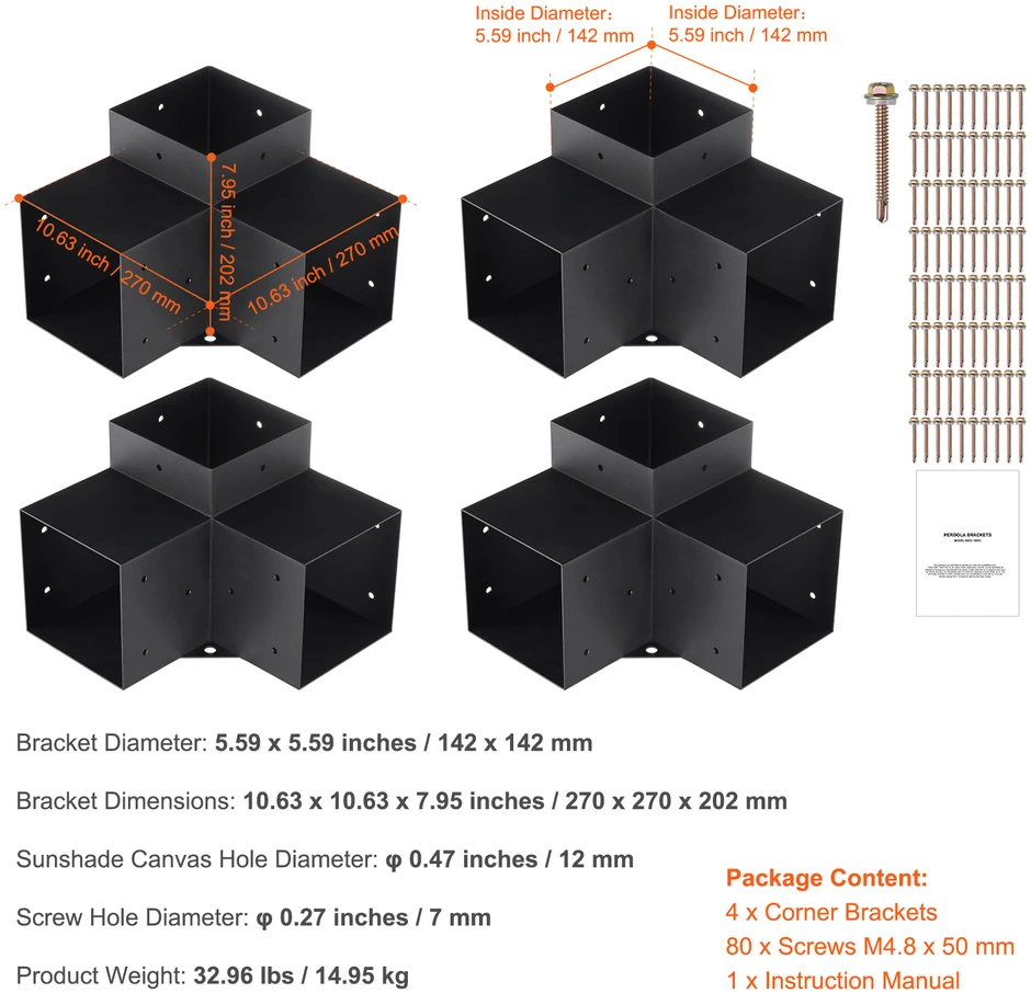 VEVOR 6x6 pergolos laikiklių rinkinys, 3 krypčių