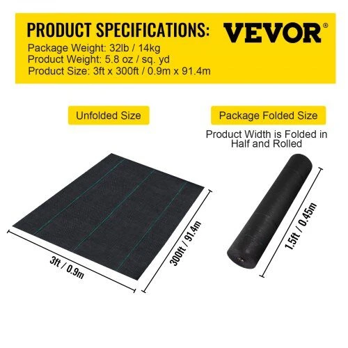 VEVOR Piktžolių barjeras, geotekstilė sodui 0,9x91,4 m