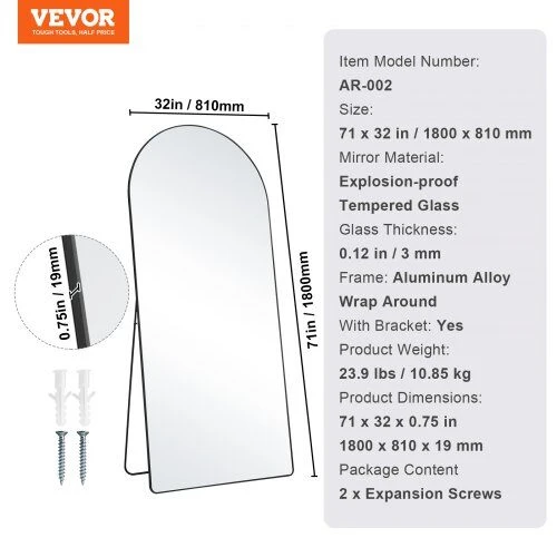 VEVOR Lenktas pilno ilgio veidrodis 180 x 81 cm