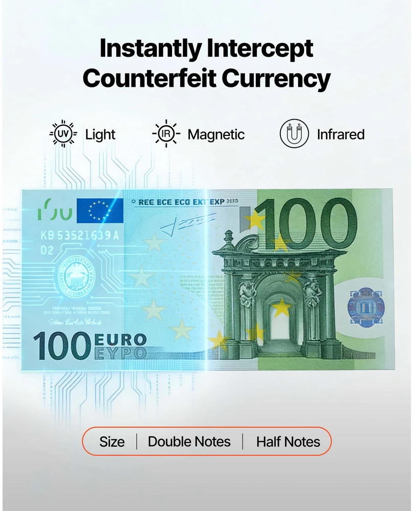 VEVOR Pinigų skaičiavimo mašina, mišrių nominalų banknotų skaičiuotuvas su padirbtų pinigų aptikimu, kelių valiutų palaikymas, išorinis ekranas, banknotų skaičiavimo aparatas