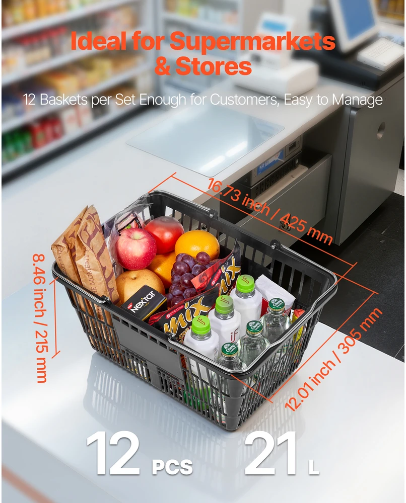 VEVOR Pirkinių krepšeliai, 12 vnt, 21 l, juodi