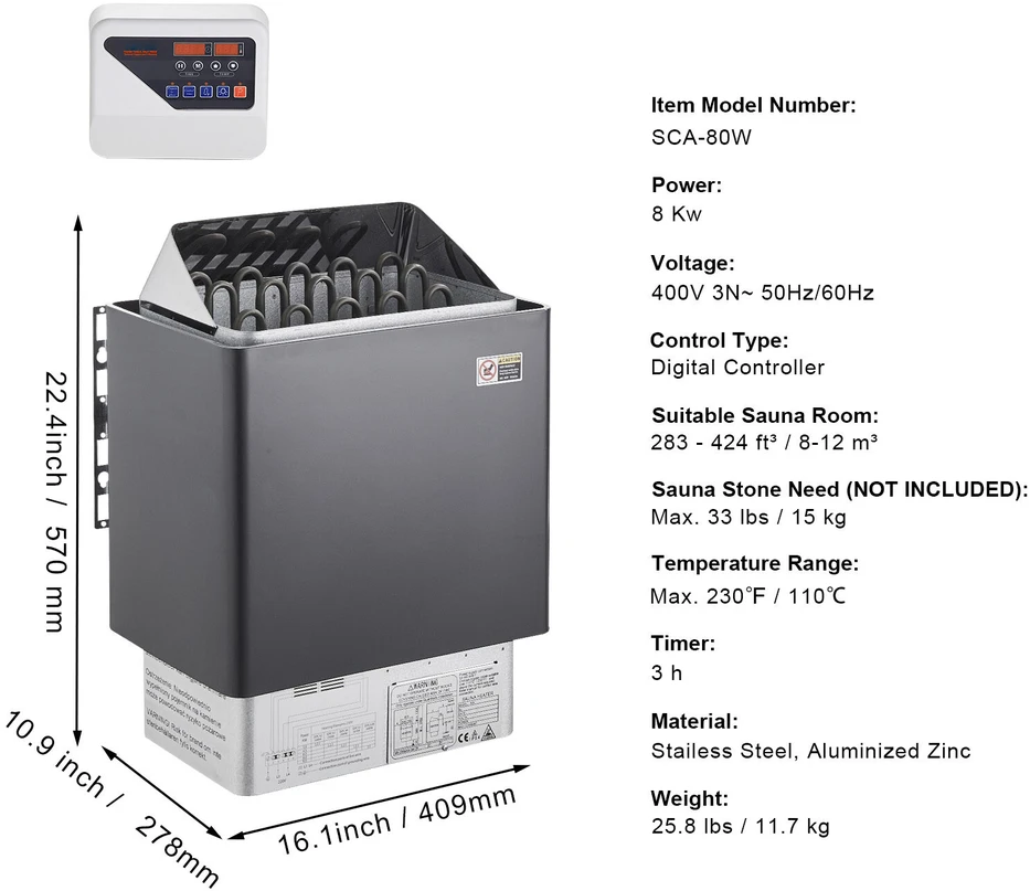 VEVOR 8 kW elektrinė pirties krosnis 8-12 m³