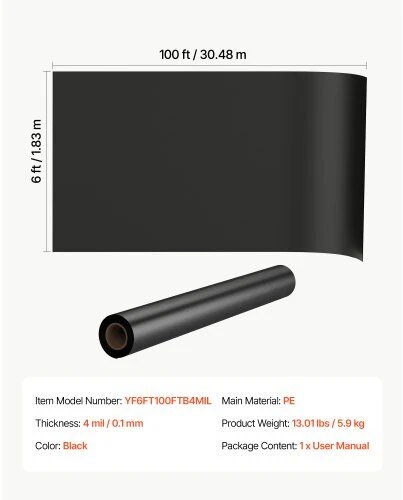 Polietileno plėvelė VEVOR YF6FT100FTB4MIL, 1,83 x 30,48 m