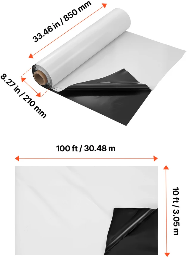 VEVOR 10 mil plastiko plėvelės rulonas 10 x 100 FT juoda ir balta