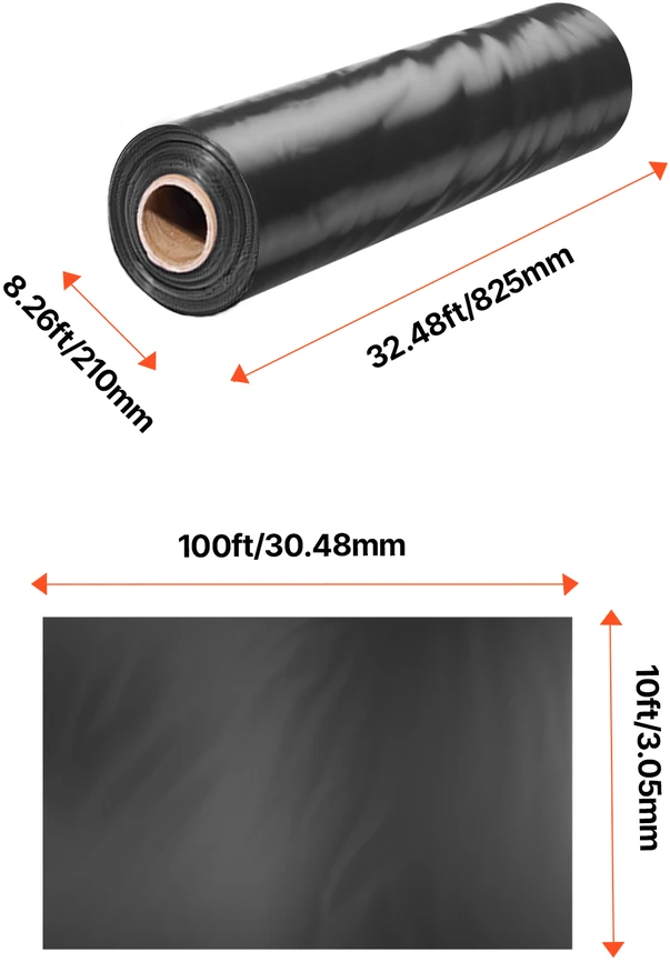 VEVOR 10 mil juoda polietileno plėvelė 3.05 x 30.48 m