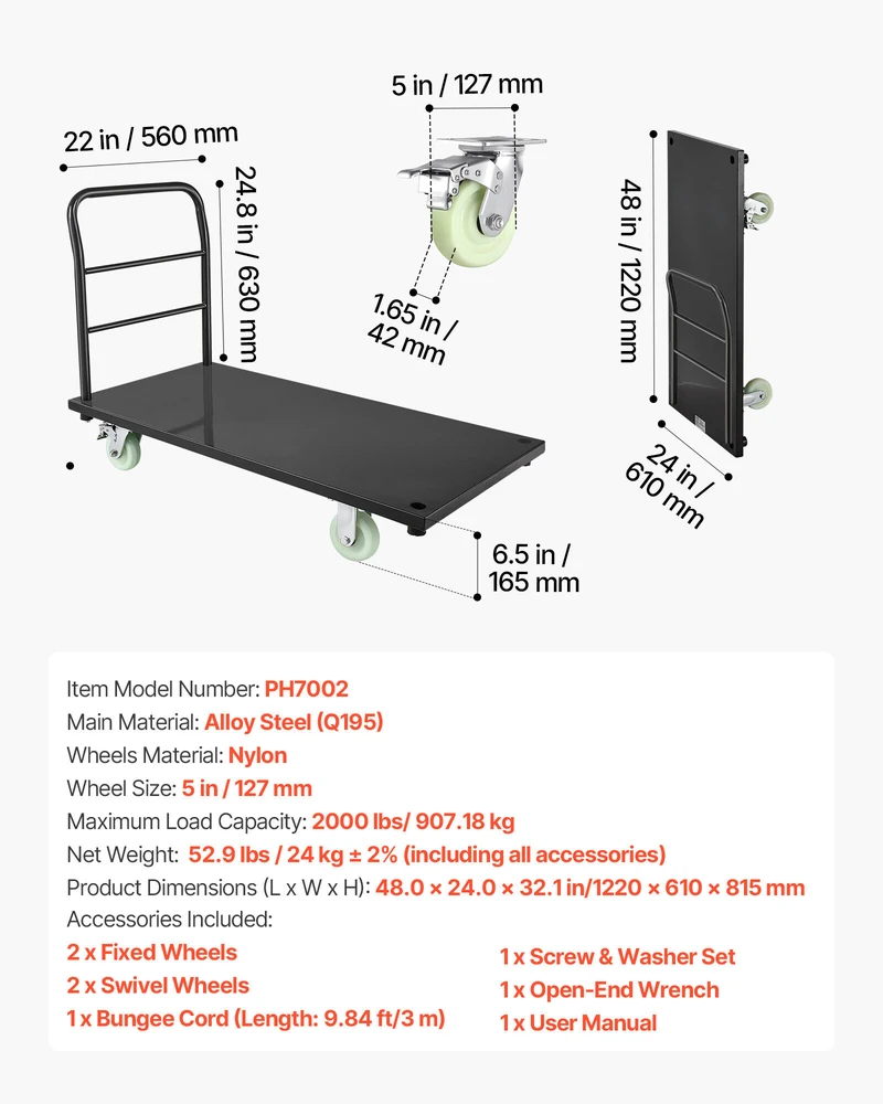 VEVOR Plieninė platforma su ratukais, 907 kg