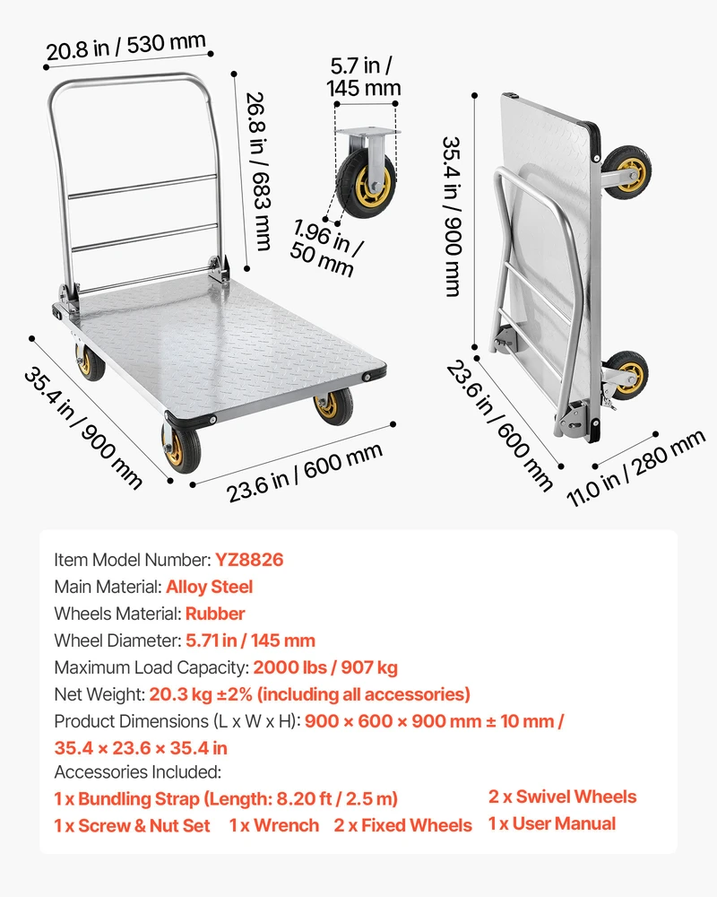 VEVOR Platforminis vežimėlis 907 kg, plieno