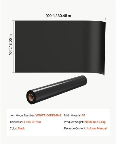 Polietileno plėvelė VEVOR YF10FT100FTB4MIL, 3,05 x 30,48 m, 0,1 mm