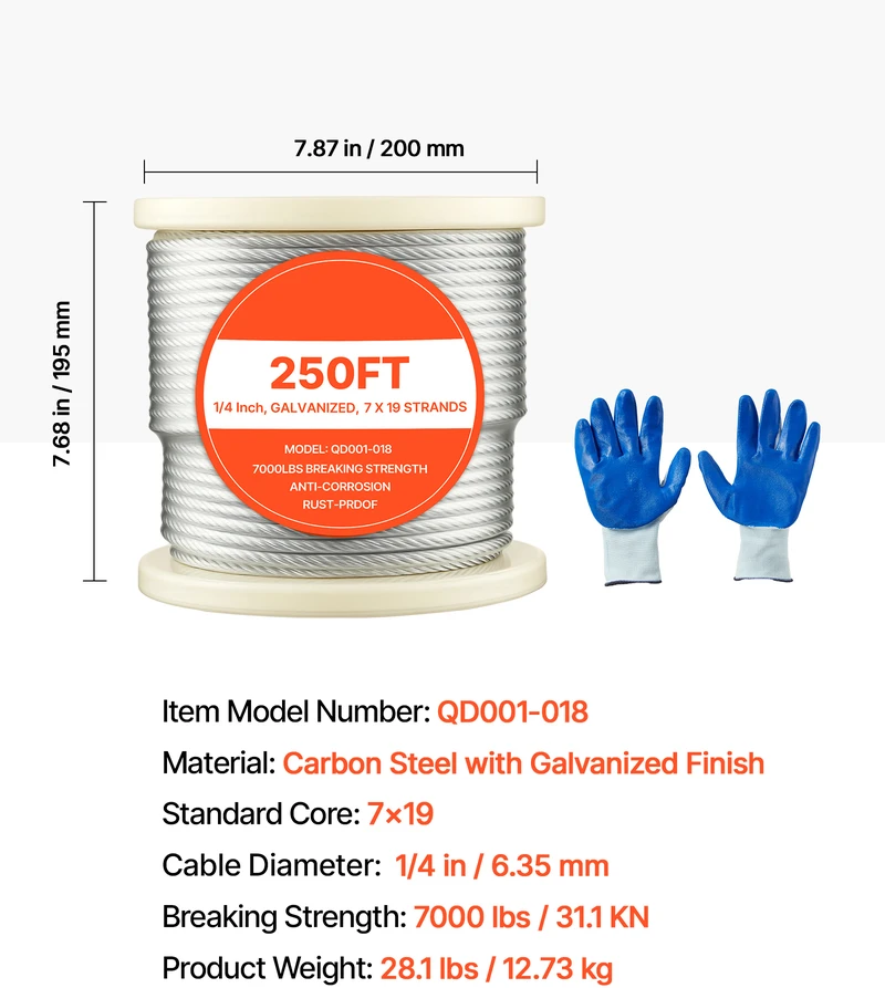VEVOR 6,35 mm nerūdijančio plieno lynas 76,2 m (7x19)