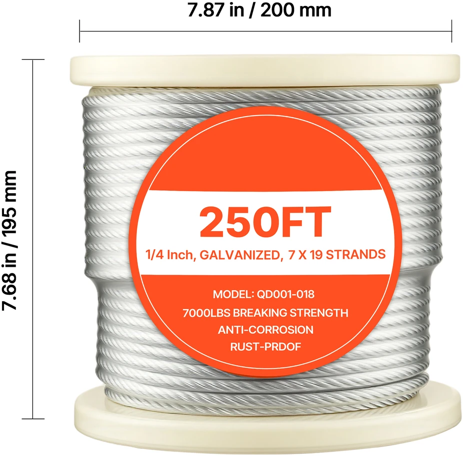 VEVOR 6,35 mm nerūdijančio plieno lynas 76,2 m (7x19)