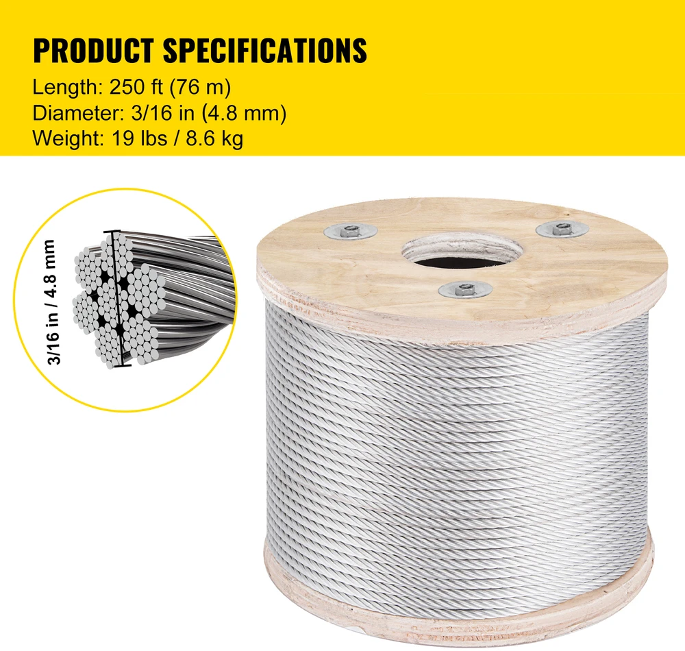 VEVOR 304 nerūdijančio plieno trosas 4,8 mm 76 m