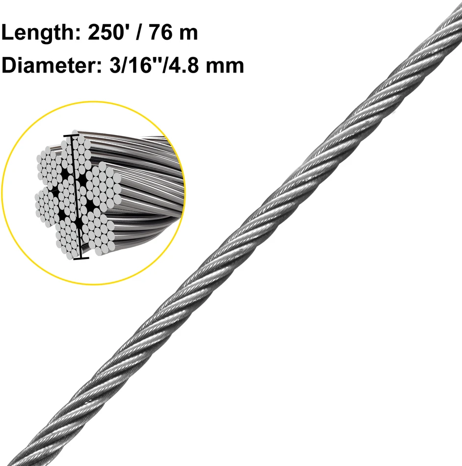 VEVOR 304 nerūdijančio plieno trosas 4,8 mm 76 m