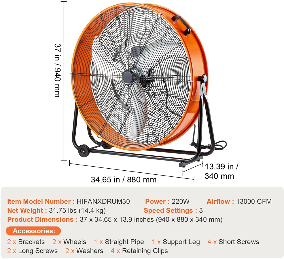 VEVOR Pramoninis būgninis ventiliatorius 76 cm 3 greičiai