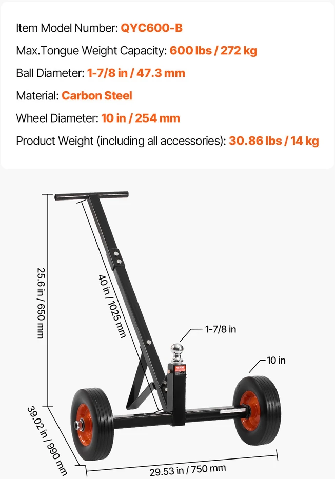 VEVOR Priekabų vežimėlis 454 kg, 16,7–22 cm aukštis
