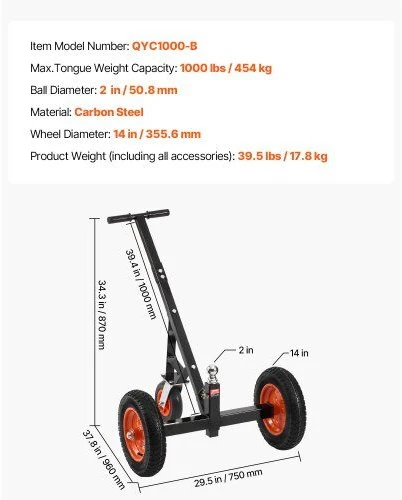 VEVOR Priekabų vežimėlis 454 kg, 16,7–22 cm aukštis