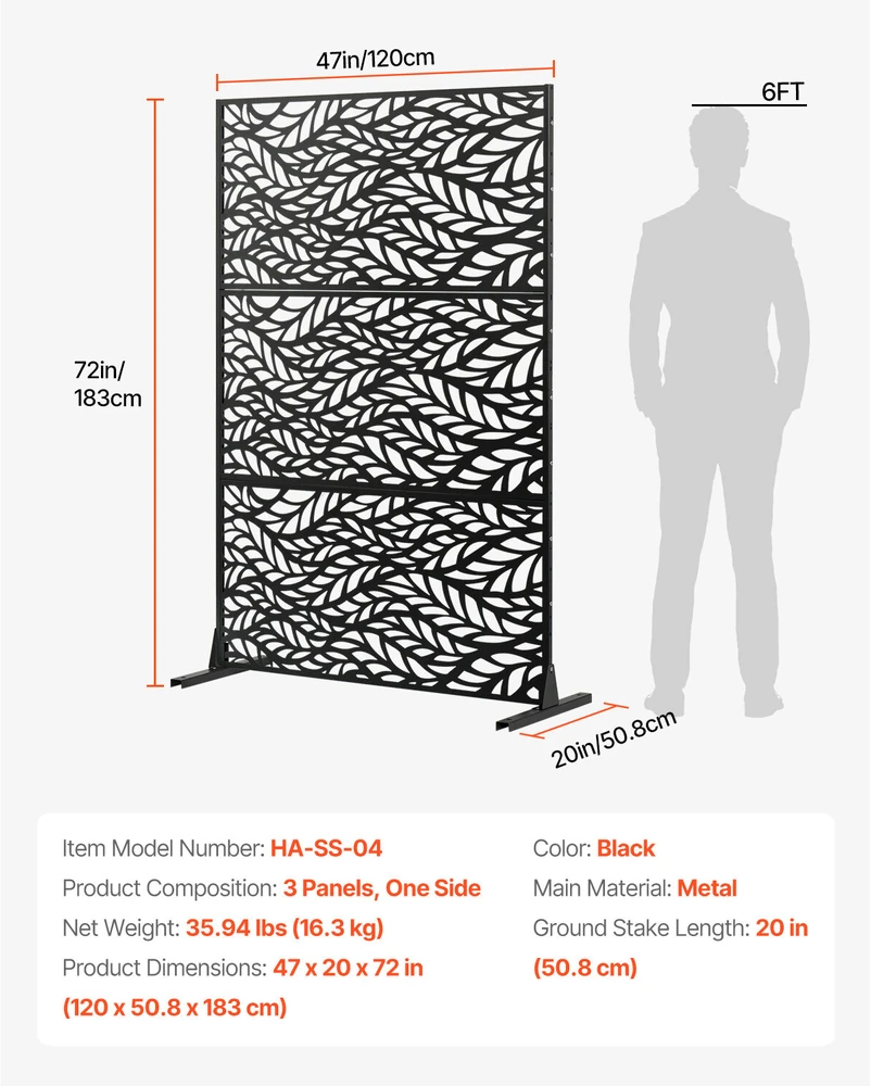 VEVOR Metalo privatumui skirtas ekranas 120 x 183 cm juodas