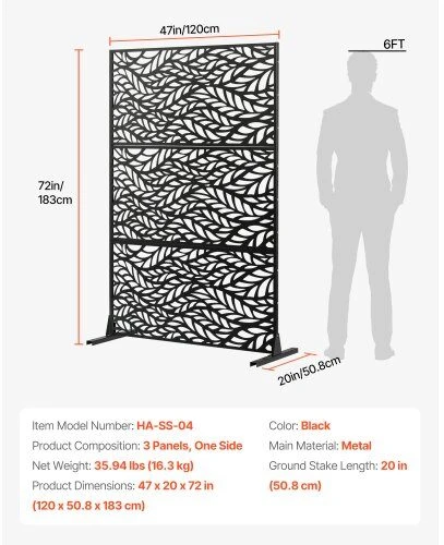 VEVOR Metalo privatumui skirtas ekranas 120 x 183 cm juodas