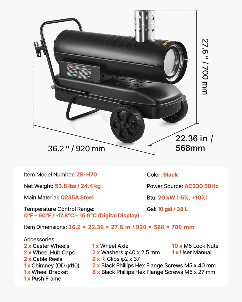 VEVOR 20kW priverstinio oro žibalo dyzelinis šildytuvas, nešiojamas torpedinis patalpų šildytuvas, pramoninis šildytuvas sandėliui, garažui, dirbtuvėms, statyboms, lauko šildymui