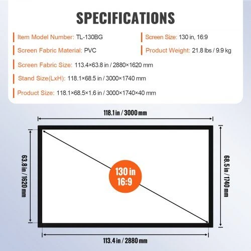 VEVOR 130 colių 16:9 projekcijos ekranas 4K HDTV