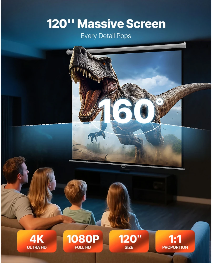 VEVOR Rankinis projektoriaus ekranas, 3048 mm 1:1 4K 1080 HD ištraukiamas nuleidžiamas, sieninis filmų projektavimo ekranas šeimos namų biuro kinui, nešiojamas vaizdo ekranas, prezentacijų ekranas