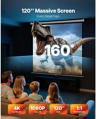 VEVOR Rankinis projektoriaus ekranas, 3048 mm 1:1 4K 1080 HD ištraukiamas nuleidžiamas, sieninis filmų projektavimo ekranas šeimos namų biuro kinui, nešiojamas vaizdo ekranas, prezentacijų ekranas