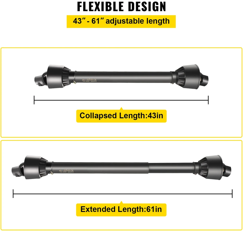VEVOR PTO velenas su 1-3/8" x 6 šlicais