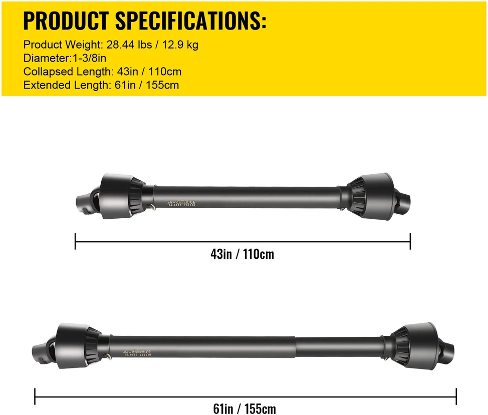 VEVOR PTO velenas su 1-3/8" x 6 šlicais