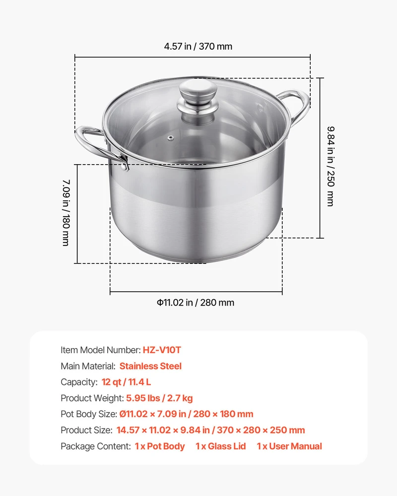 VEVOR Nerūdijančio plieno puodas su stiklo dangčiu, 11,4 l